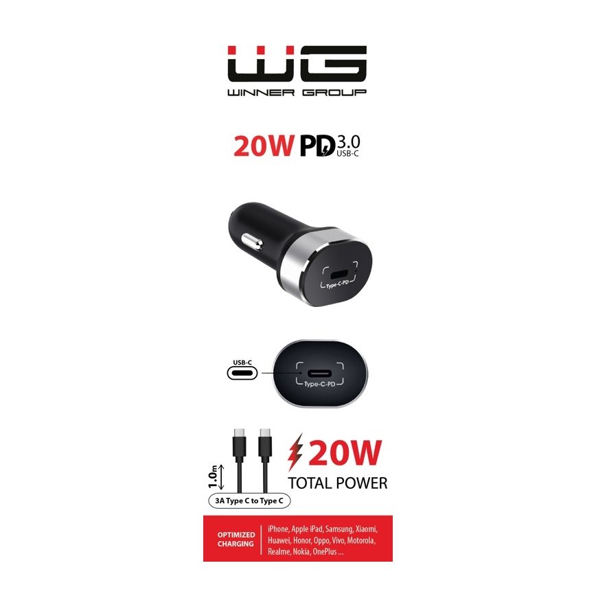 Winner Group - Cargador para coche 1xUSB-C Power Delivery 20W + Cable USB USB-C / USB-C 1 m negro