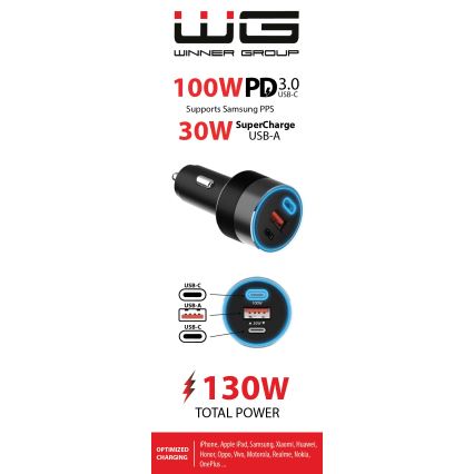 Winner Group - Cargador para coche 2xUSB-C + 1xUSB-A Power Delivery 130W negro