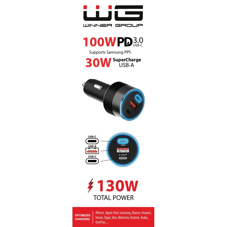 Winner Group - Cargador para coche 2xUSB-C + 1xUSB-A Power Delivery 130W negro