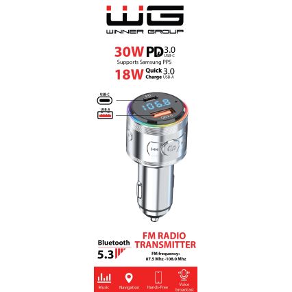 Winner Group - Cargador para coche con transmisor FM y función de manos libres 20W plata