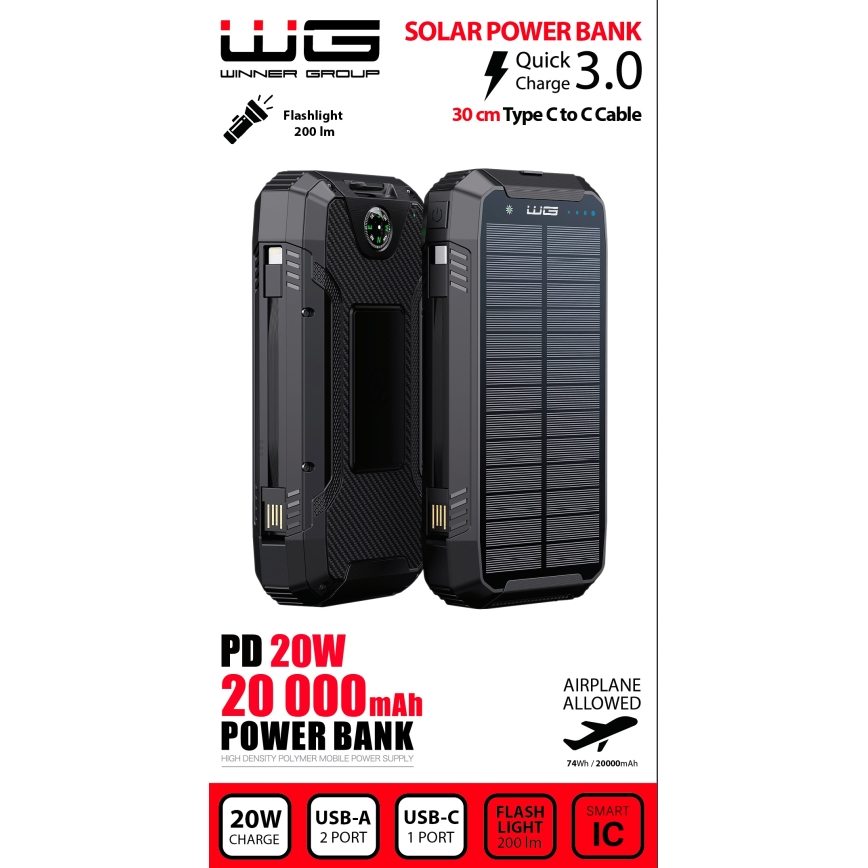 Winner Group - Power Bank con carga inalámbrica y paneles solares 20000 mAh 20W PD