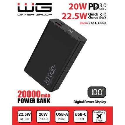 Winner Group - Power Bank con pantalla 20000 mAh 20W Power Delivery negro