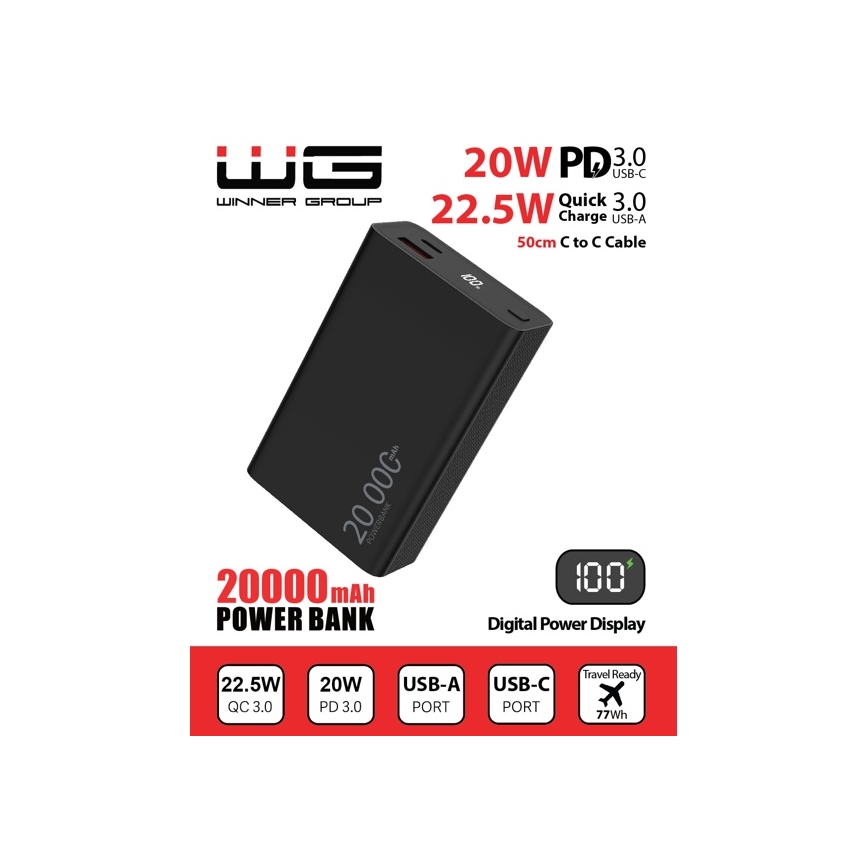 Winner Group - Power Bank con pantalla 20000 mAh 20W Power Delivery negro
