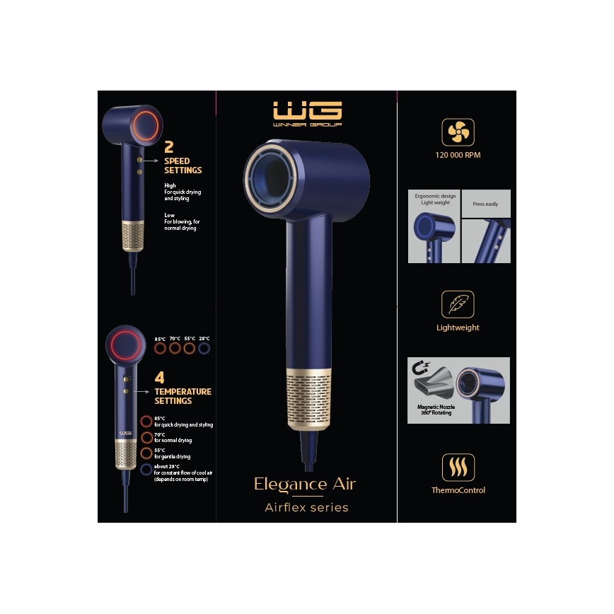 Winner Group - Secador de pelo con ionizador Elegance Air 1600W/230V azul SCHUKO
