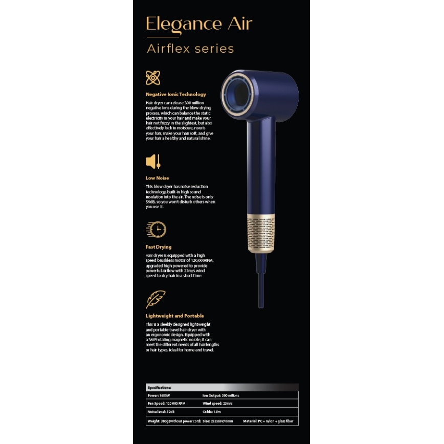 Winner Group - Secador de pelo con ionizador Elegance Air 1600W/230V azul SCHUKO