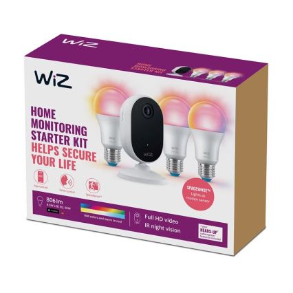 WiZ - Juego para vigilar el hogar: 1x cámara + 3x bombilla LED RGB A60 E27/8,5W/230V Wi-Fi