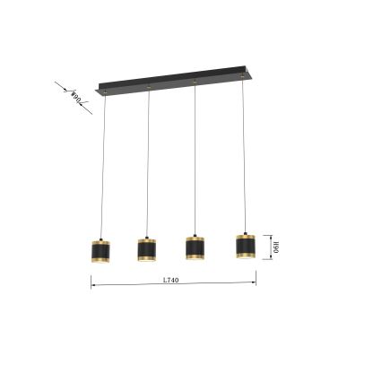 Wofi 7003-404 - Lámpara colgante LED regulable con cable TOULOUSE 4xLED/8,5W/230V negro/dorado