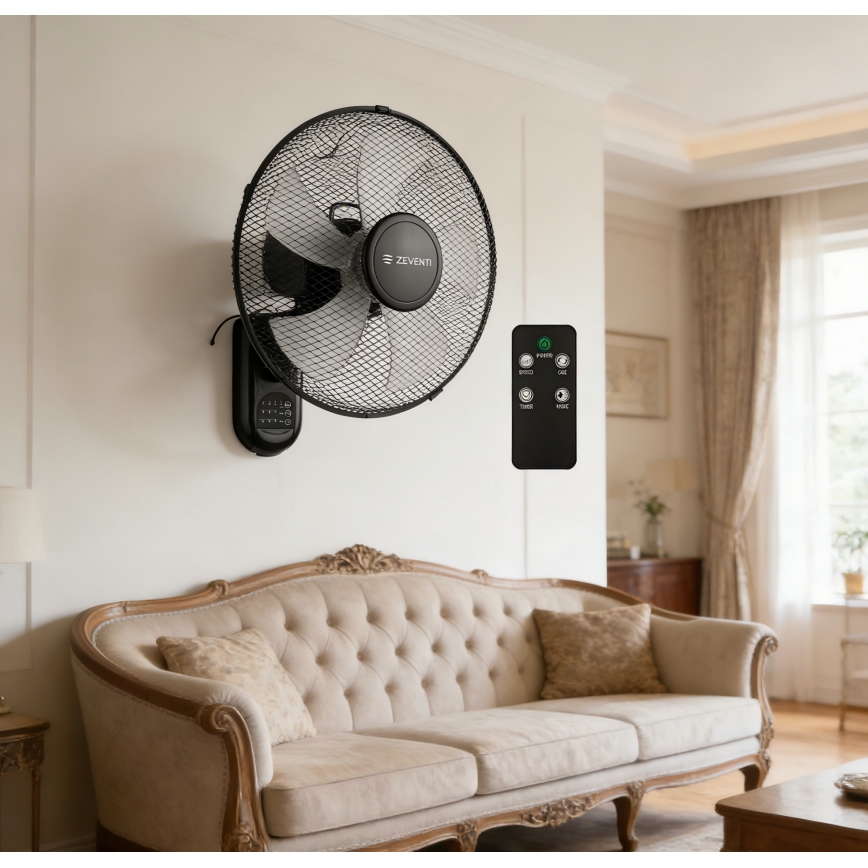 ZEVENTI - Ventilador de pared FANNY 45W/230V Ø 41 cm negro + control remoto