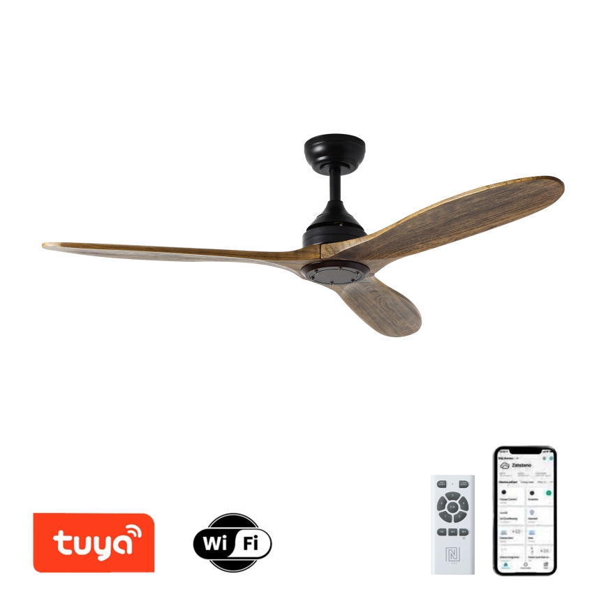 ZEVENTI - Ventilador de techo LAURIA Wi-Fi Tuya negro/roble + mando a distancia