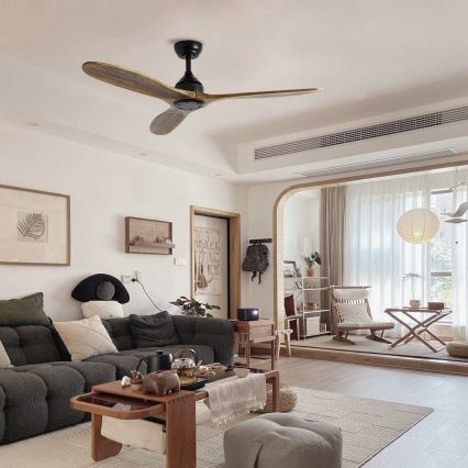 ZEVENTI - Ventilador de techo LAURIA Wi-Fi Tuya negro/roble + mando a distancia