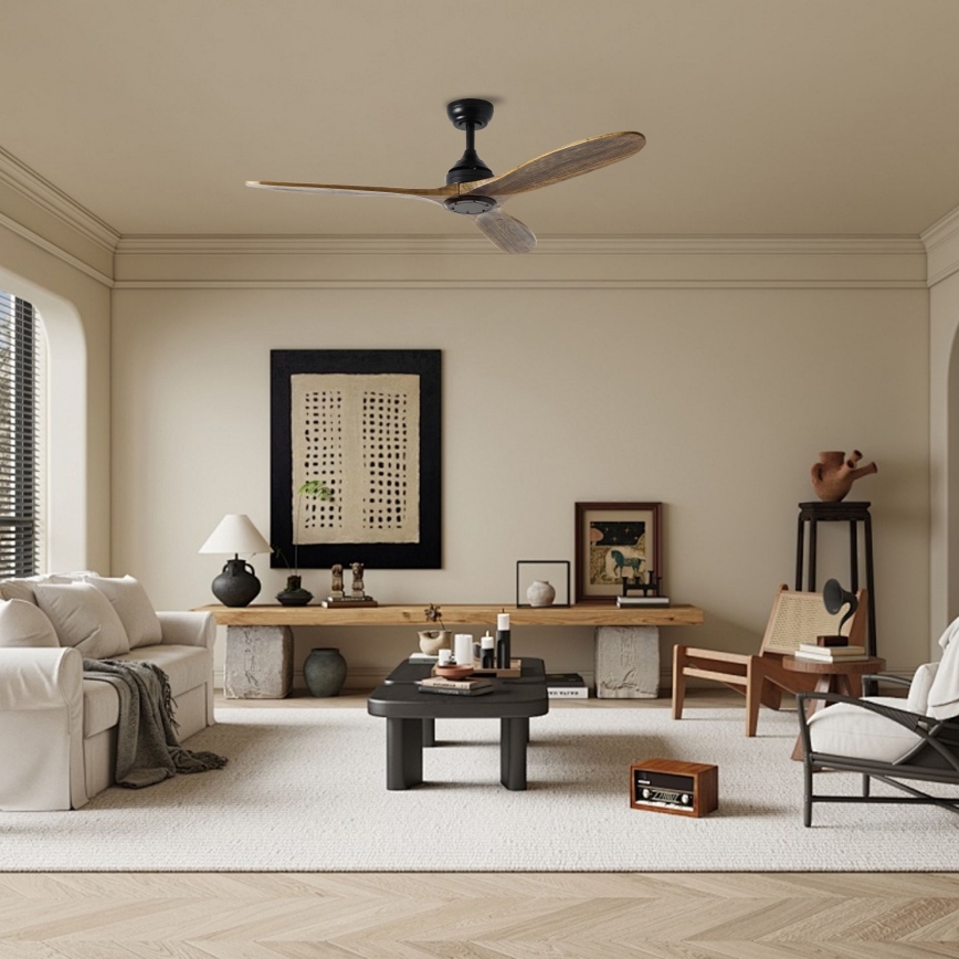 ZEVENTI - Ventilador de techo LAURIA Wi-Fi Tuya negro/roble + mando a distancia