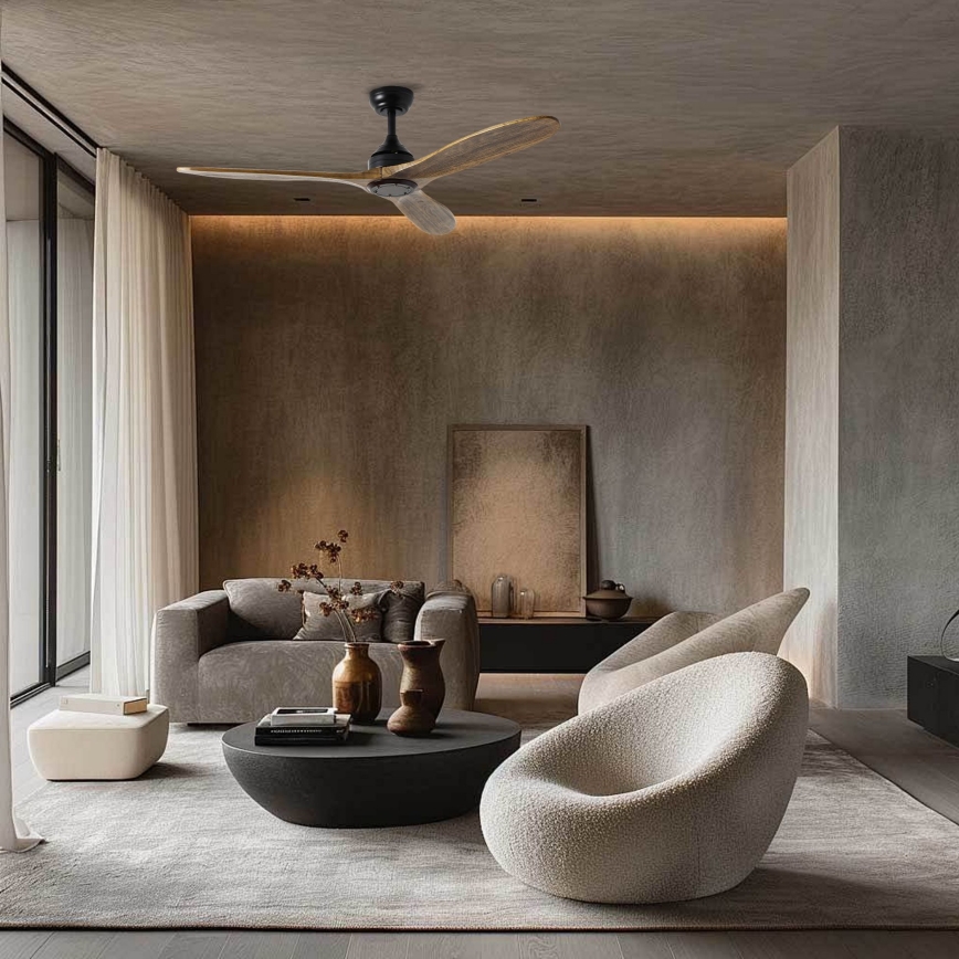 ZEVENTI - Ventilador de techo LAURIA Wi-Fi Tuya negro/roble + mando a distancia