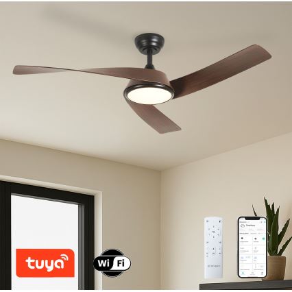 ZEVENTI - Ventilador de techo LED regulable AERYS LED/24W/230V 3000/4000/6000K Wi-Fi Tuya negro/nogal + mando a distancia