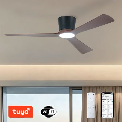 ZEVENTI - Ventilador de techo LED regulable AUREX LED/24W/230V 3000/4000/6000K Wi-Fi Tuya negro/nogal + mando a distancia