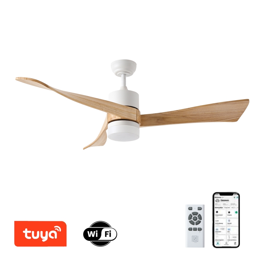 ZEVENTI - Ventilador de techo LED NATURITO LED/18W/230V 3000/4000/6000K Wi-Fi Tuya blanco/roble + mando a distancia