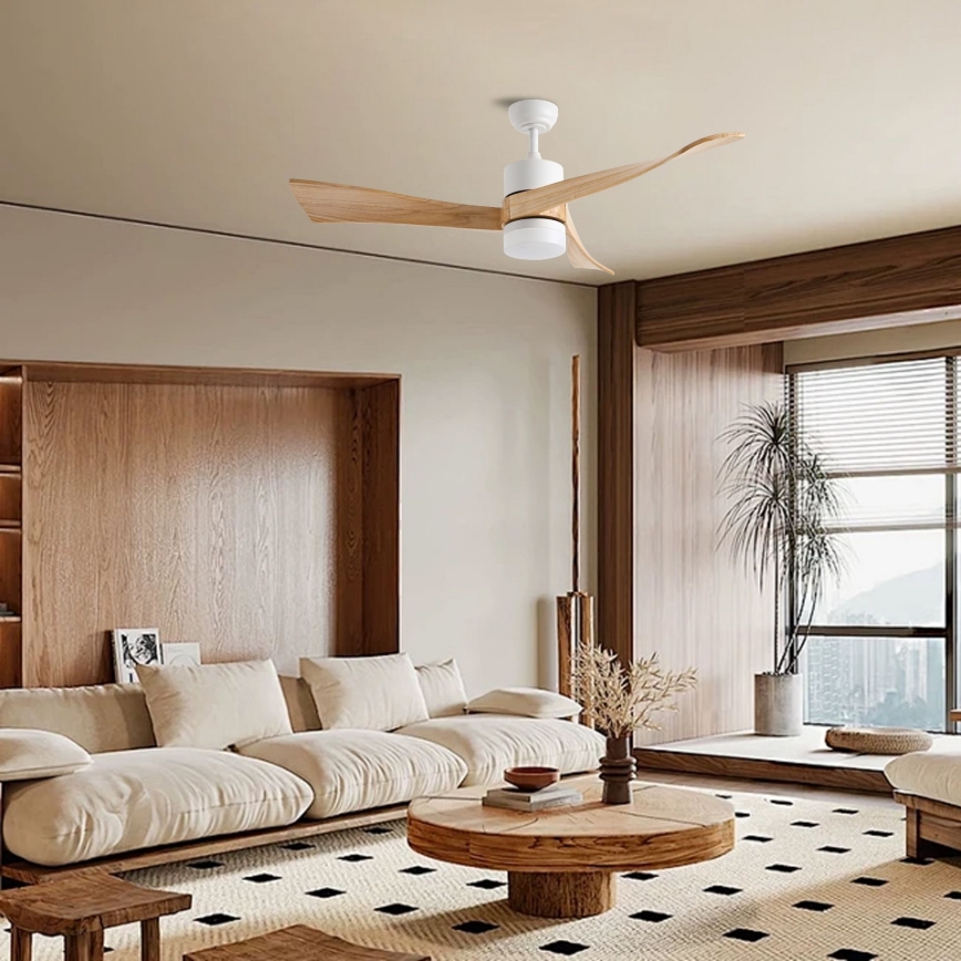 ZEVENTI - Ventilador de techo LED regulable NATURITO LED/18W/230V 3000-6000K Wi-Fi Tuya blanco/roble + control remoto