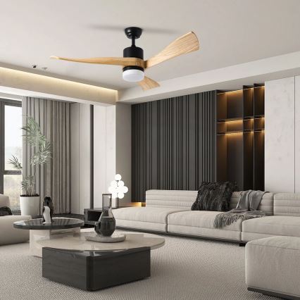 ZEVENTI - Ventilador de techo LED regulable NATURITO LED/18W/230V 3000-6000K Wi-Fi Tuya negro/roble + control remoto