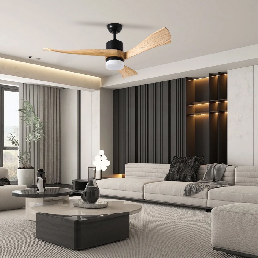 ZEVENTI - Ventilador de techo LED regulable NATURITO LED/18W/230V 3000-6000K Wi-Fi Tuya negro/roble + control remoto