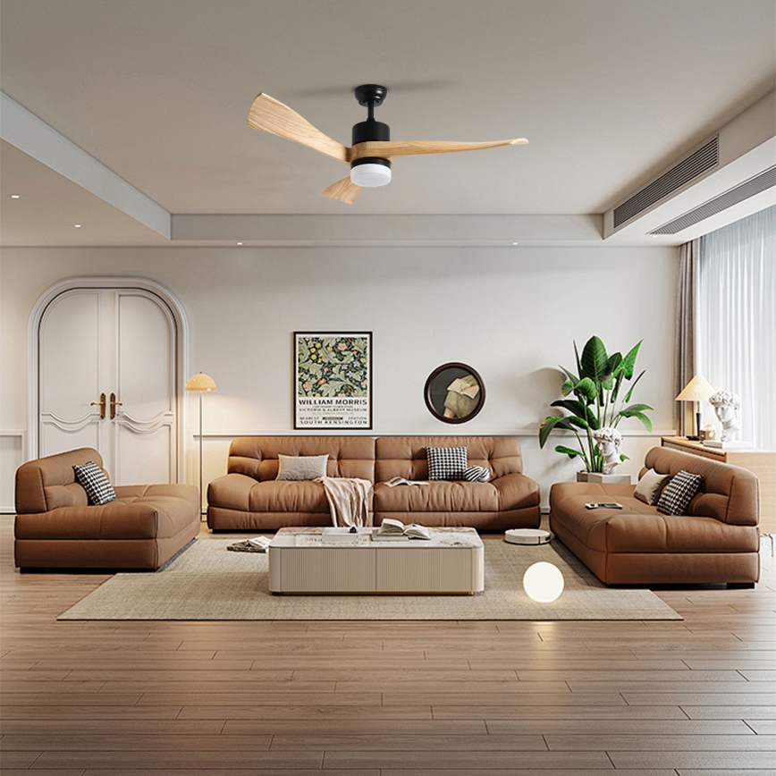 ZEVENTI - Ventilador de techo LED regulable NATURITO LED/18W/230V 3000-6000K Wi-Fi Tuya negro/roble + control remoto