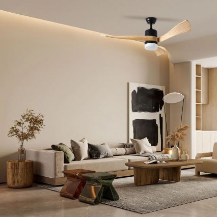 ZEVENTI - Ventilador de techo LED regulable NATURITO LED/18W/230V 3000-6000K Wi-Fi Tuya negro/roble + control remoto