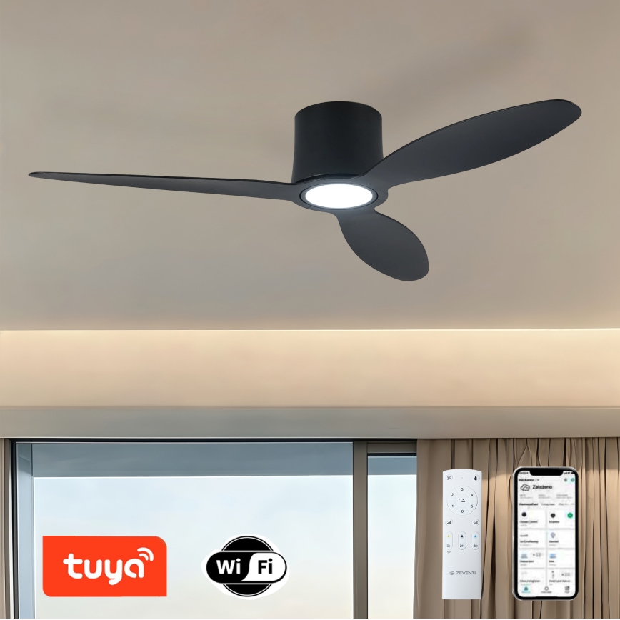 ZEVENTI - Ventilador de techo LED regulable VENTORA LED/24W/230V 3000/4000/6000K Wi-Fi Tuya negro + mando a distancia