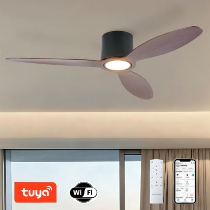 ZEVENTI - Ventilador de techo LED regulable VENTORA LED/24W/230V 3000/4000/6000K Wi-Fi Tuya negro/nogal + mando a distancia