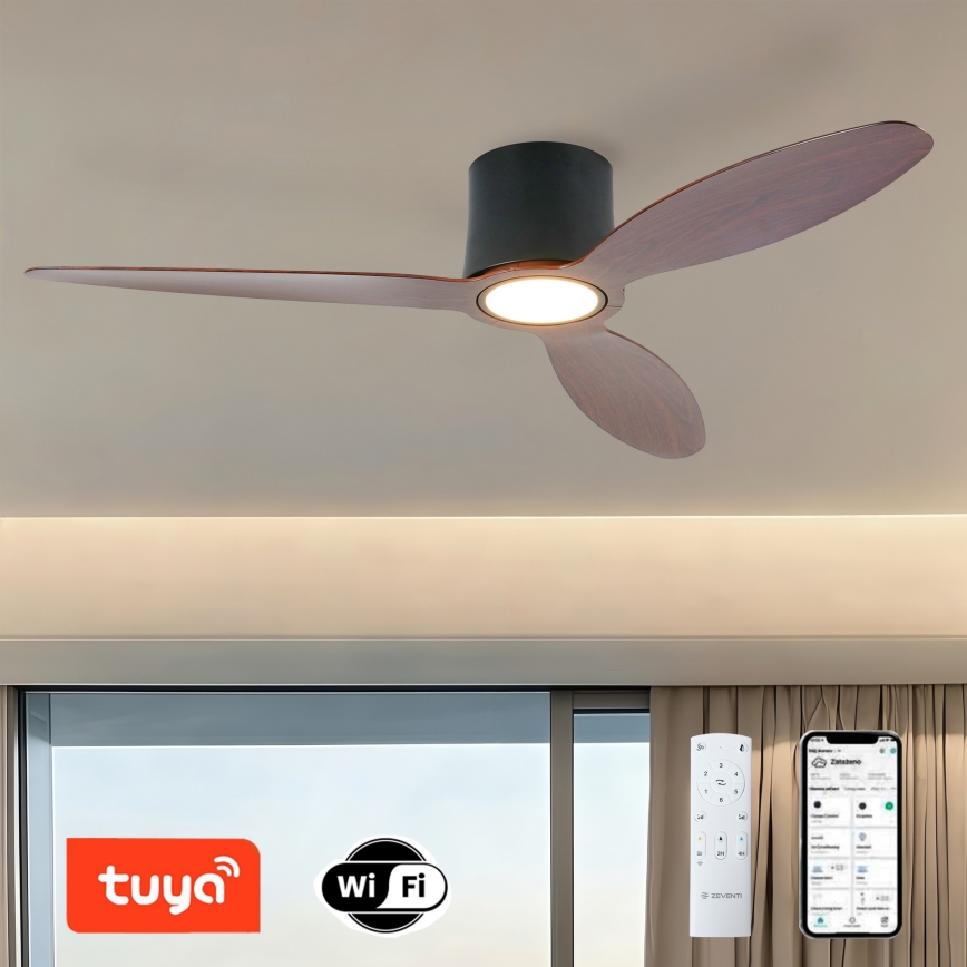 ZEVENTI - Ventilador de techo LED regulable VENTORA LED/24W/230V 3000/4000/6000K Wi-Fi Tuya negro/nogal + mando a distancia