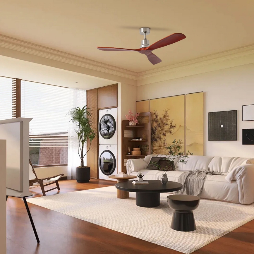 ZEVENTI - Ventilador de techo LIONI Wi-Fi Tuya cromo mate/roble + control remoto