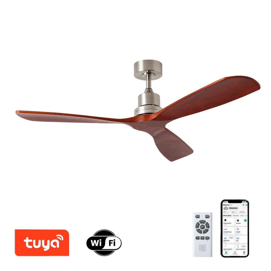 ZEVENTI - Ventilador de techo LIONI Wi-Fi Tuya cromo mate/roble + mando a distancia