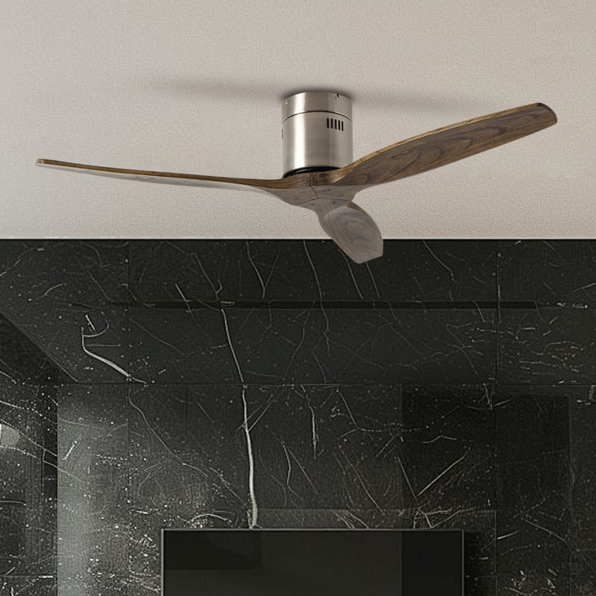 ZEVENTI - Ventilador de techo SPELLO Wi-Fi Tuya cromo mate/roble + mando a distancia