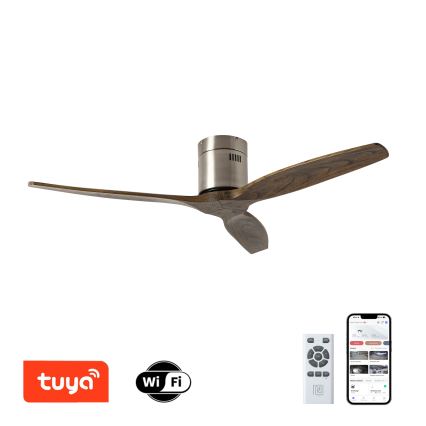ZEVENTI - Ventilador de techo SPELLO Wi-Fi Tuya cromo mate/roble + mando a distancia