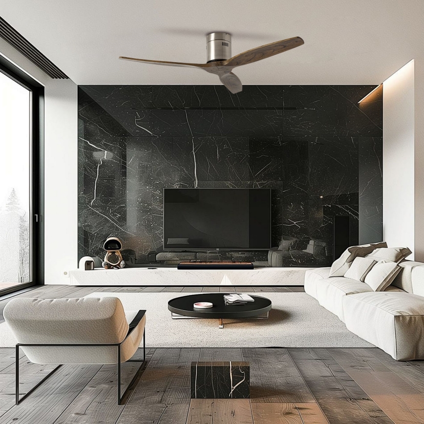 ZEVENTI - Ventilador de techo SPELLO Wi-Fi Tuya cromo mate/roble + mando a distancia