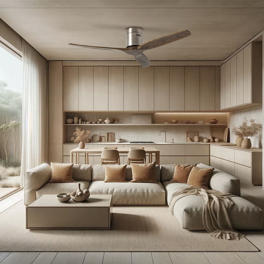 ZEVENTI - Ventilador de techo SPELLO Wi-Fi Tuya cromo mate/roble + mando a distancia