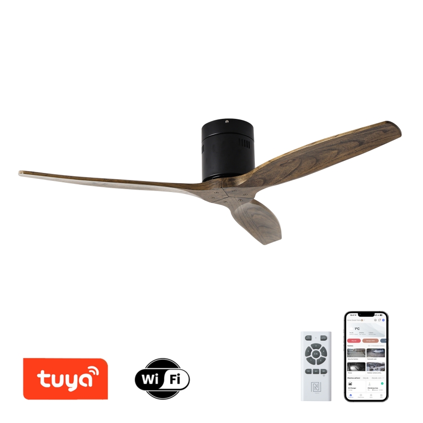 ZEVENTI - Ventilador de techo SPELLO Wi-Fi Tuya negro/roble + mando a distancia