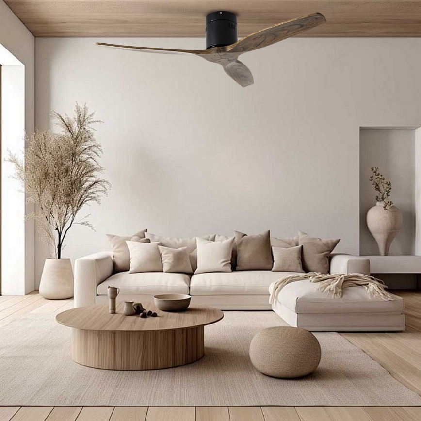 ZEVENTI - Ventilador de techo SPELLO Wi-Fi Tuya negro/roble + mando a distancia