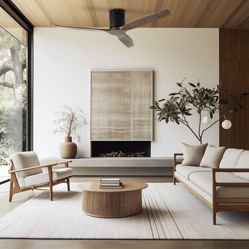 ZEVENTI - Ventilador de techo SPELLO Wi-Fi Tuya negro/roble + mando a distancia