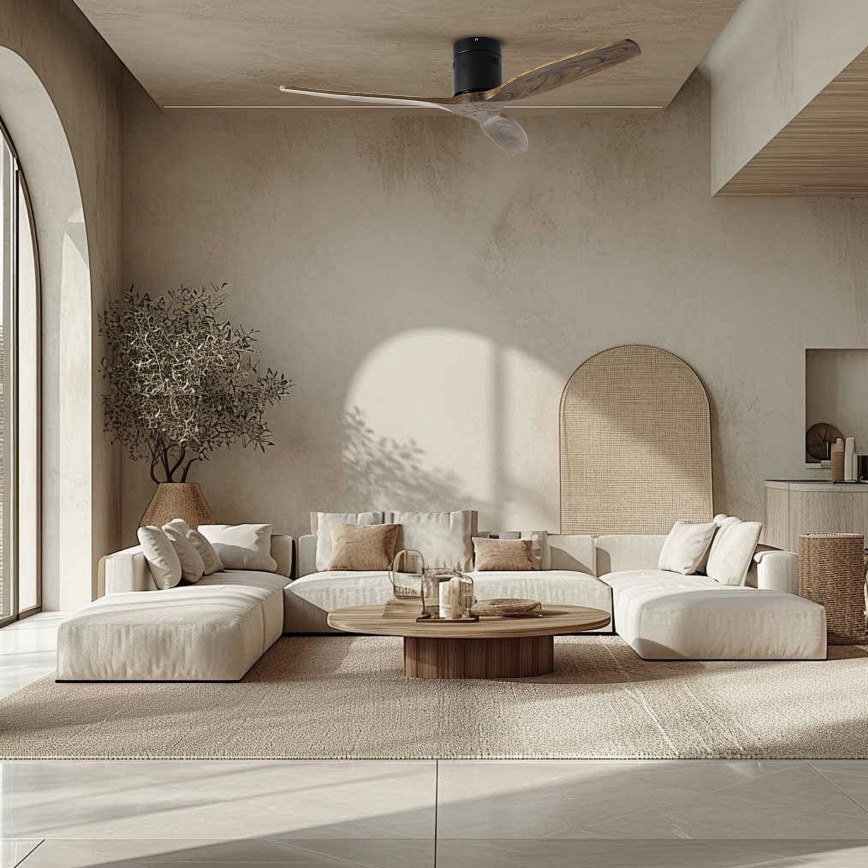 ZEVENTI - Ventilador de techo SPELLO Wi-Fi Tuya negro/roble + mando a distancia