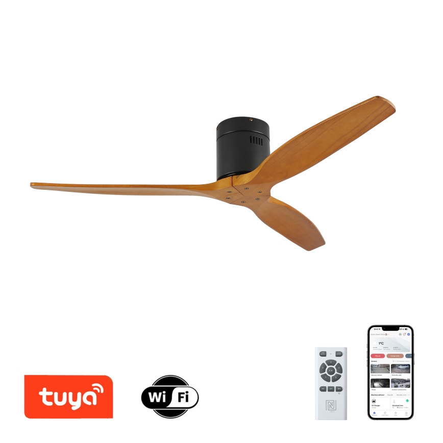 ZEVENTI - Ventilador de techo SPELLO Wi-Fi Tuya negro/roble + mando a distancia