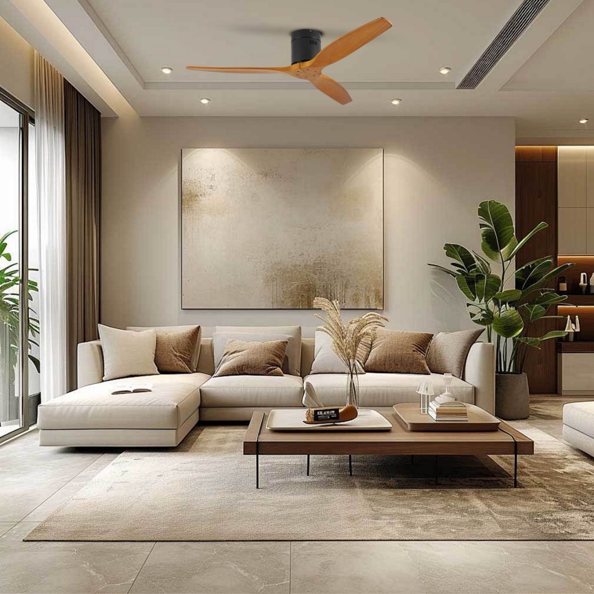 ZEVENTI - Ventilador de techo SPELLO Wi-Fi Tuya negro/roble + mando a distancia