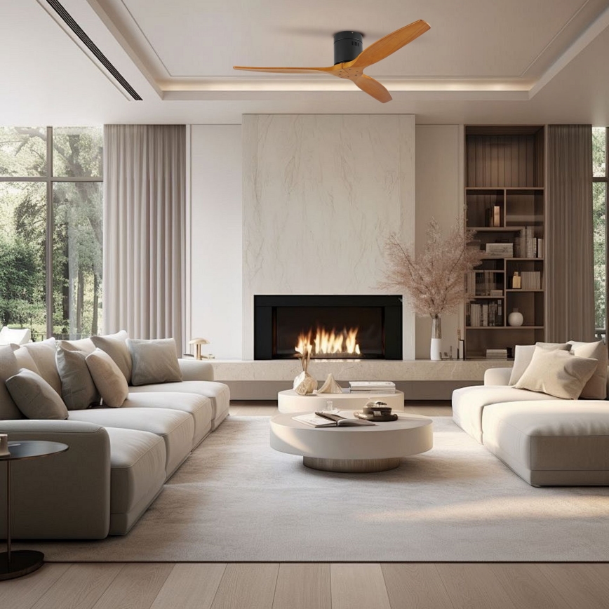 ZEVENTI - Ventilador de techo SPELLO Wi-Fi Tuya negro/roble + mando a distancia