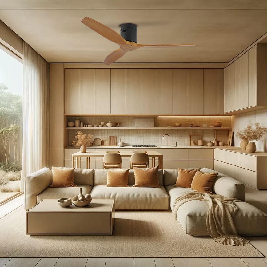 ZEVENTI - Ventilador de techo SPELLO Wi-Fi Tuya negro/roble + mando a distancia