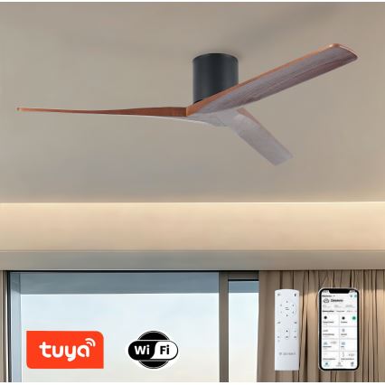 ZEVENTI - Ventilador de techo VELLON Wi-Fi Tuya negro/nogal + mando a distancia