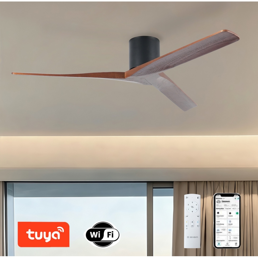 ZEVENTI - Ventilador de techo VELLON Wi-Fi Tuya negro/nogal + mando a distancia