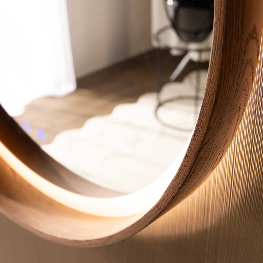 Zuma Line - Espejo calefactable de pared para baño retroiluminado LED, 36W, 230V, 3000/4000/6000K, Ø 80 cm, IP44, roble