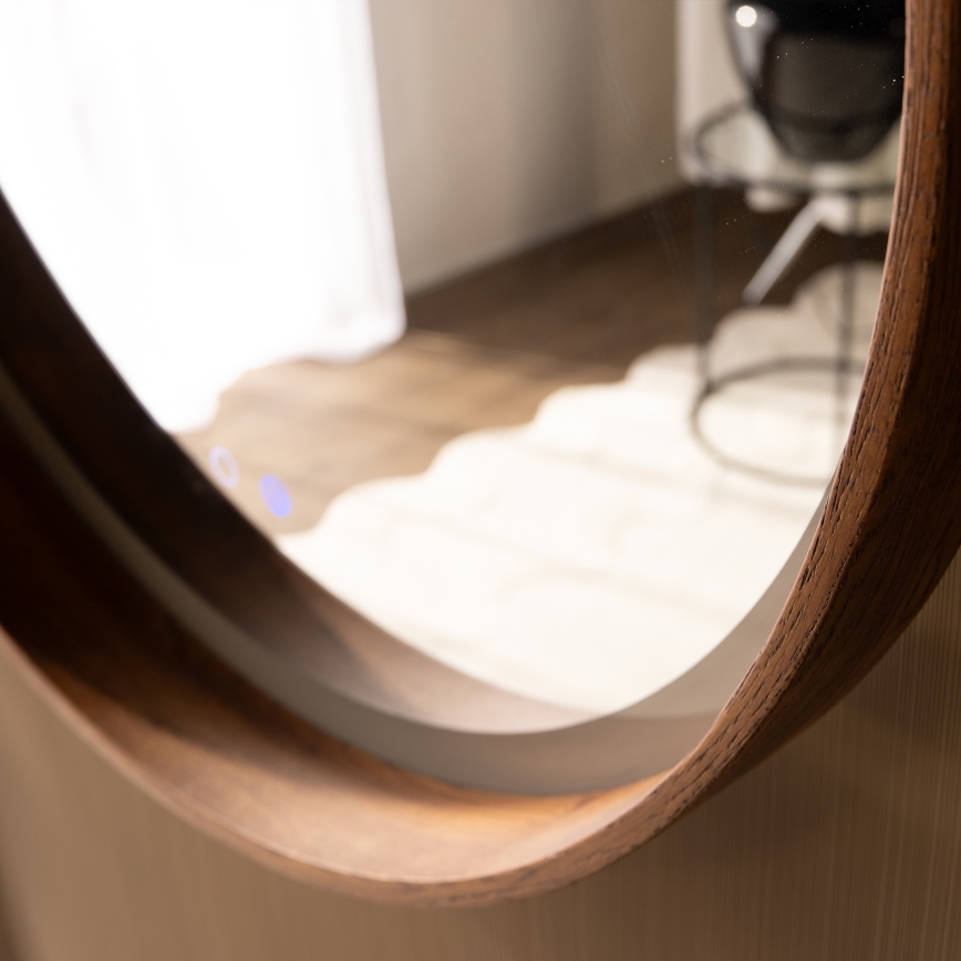 Zuma Line - Espejo calefactable de pared para baño retroiluminado LED, 36W, 230V, 3000/4000/6000K, Ø 80 cm, IP44, roble